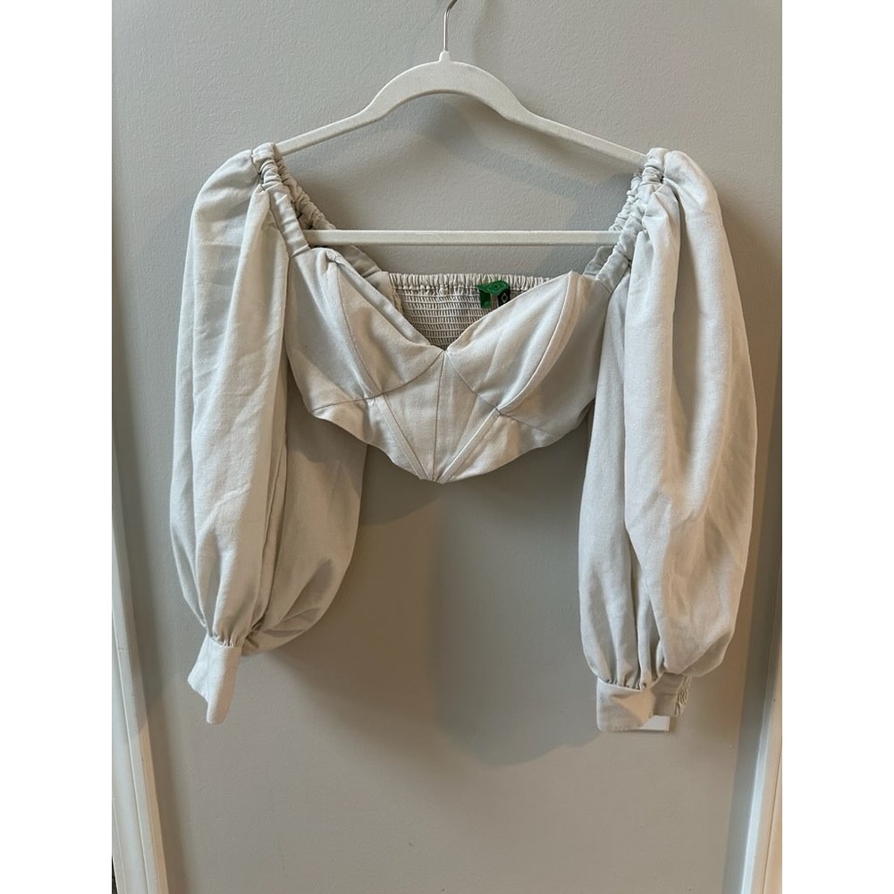 Farm Rio Women Off White Linen Blend Puff Sleeve Corset Crop Top Size P Small